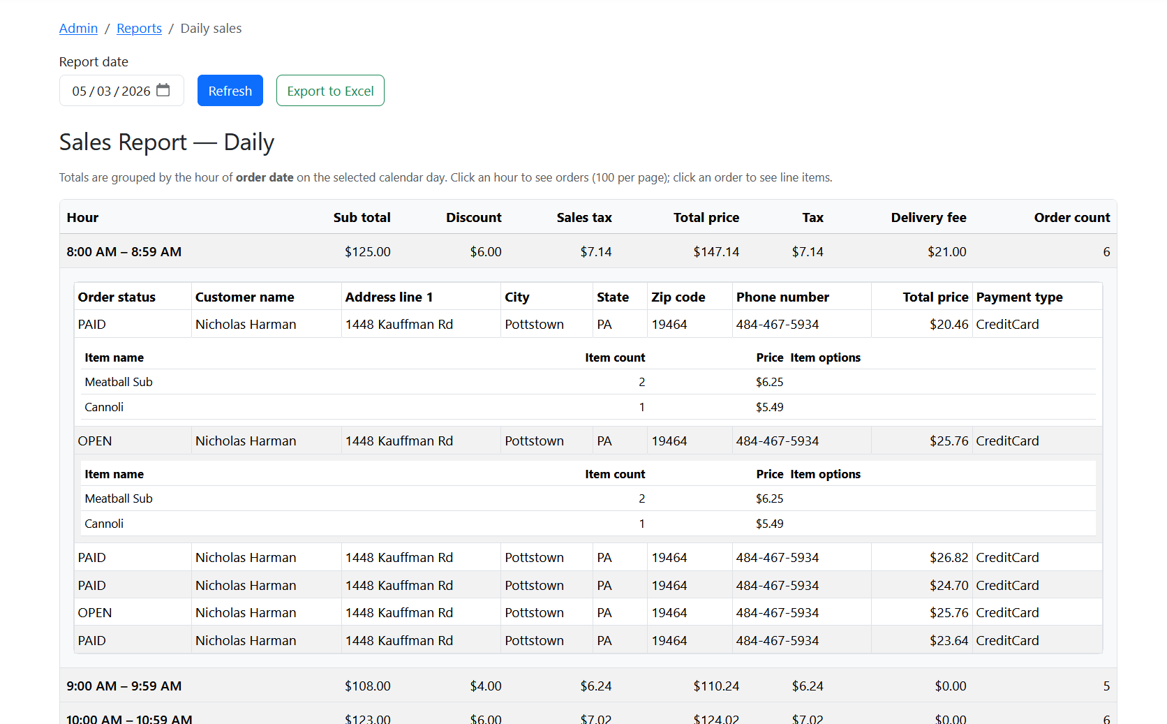 POSiTURA Sales Report — Daily: hourly totals with order and line-item drilldown